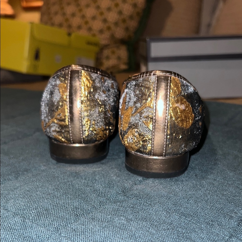 Anne Klein Ovi Flats Gold Brown Metallic Brocade Fabric - Picture 5 of 10
